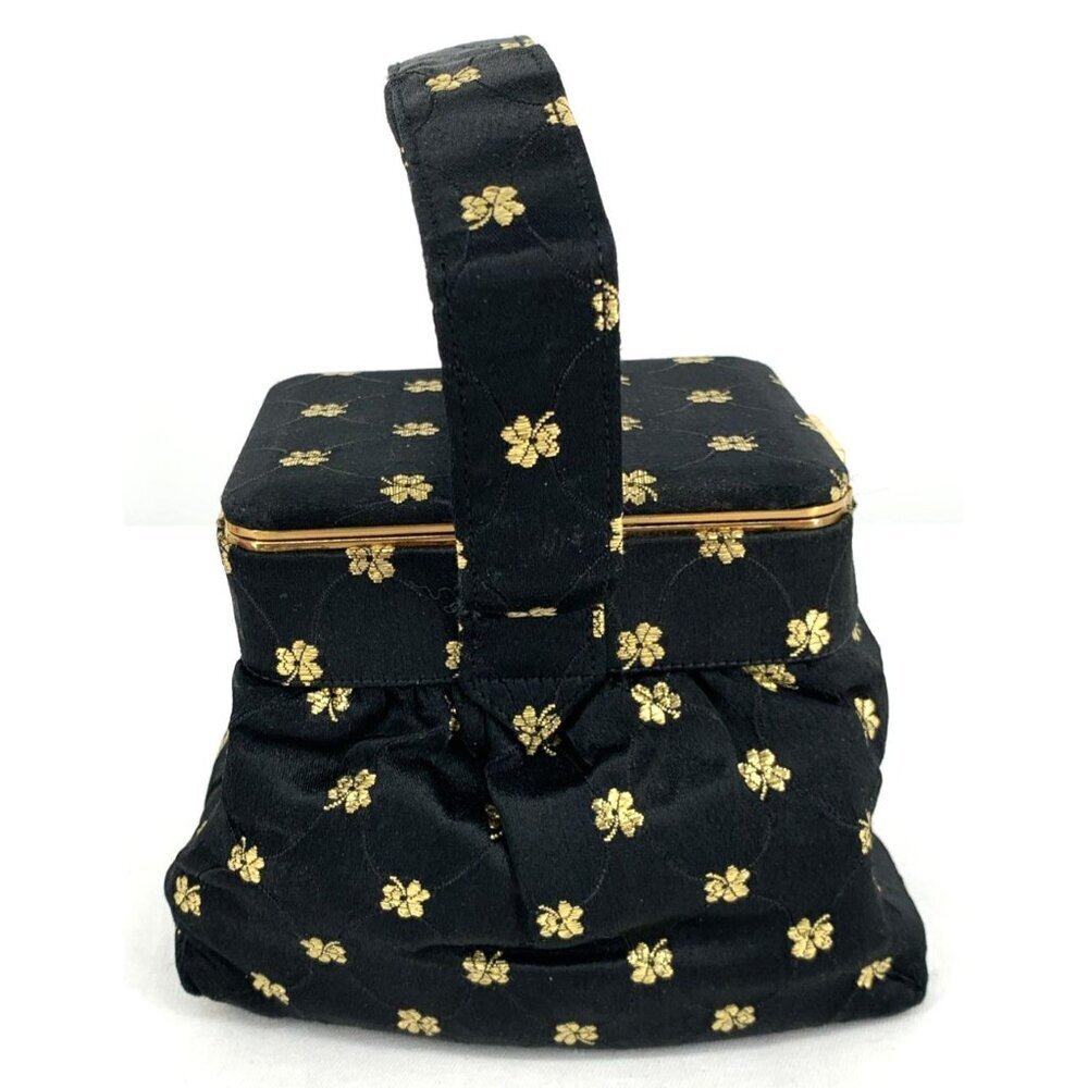LIN BREN Purse Handbag Black & Gold Satin Brocade Box Mirror 5" Tall - Picture 3 of 10